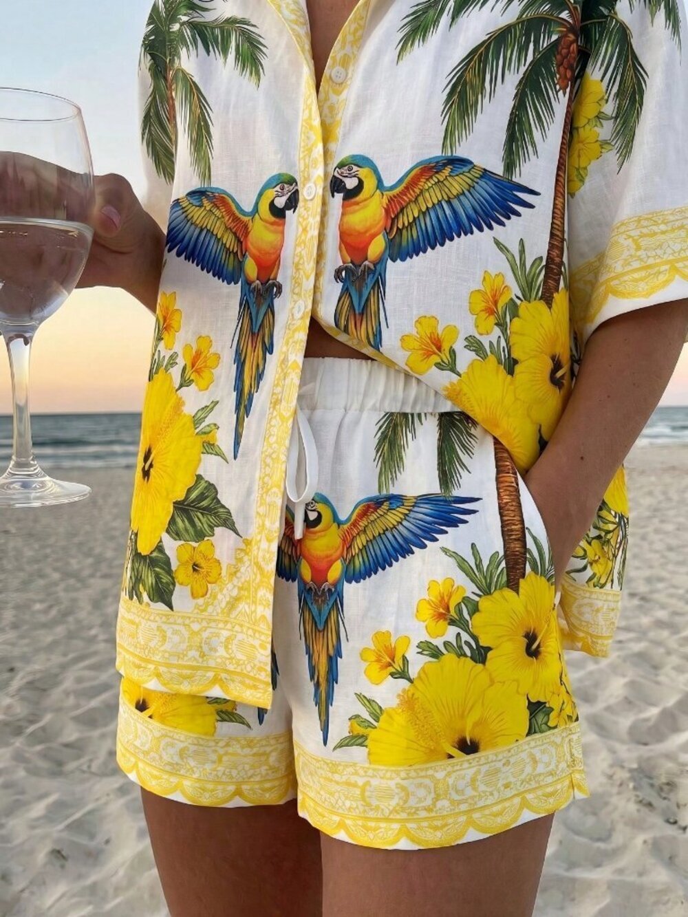 Light Yellow Boho Women's Coconut Floral Print Top and Shorts Set - Picture 4 of 5